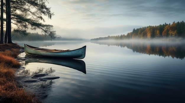 Reflectie van het meer water ochtend boottocht hemel natuur herfst landschap rustige mist bos