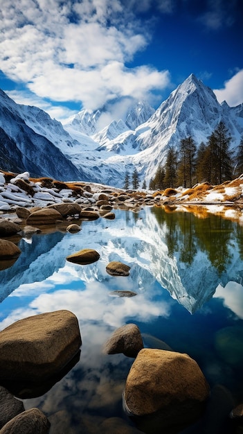 Reflectie van het uitzicht op de besneeuwde bergtoppen