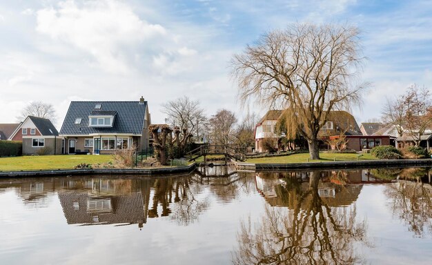 Foto reflectie van kale bomen en gebouwen in het meer