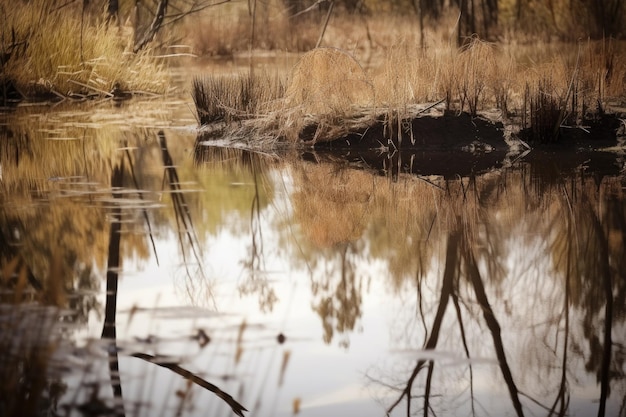 Reflectie van moerassig landschap op stilstaand wateroppervlak gemaakt met generatieve ai