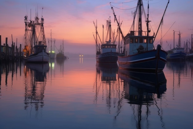 Reflectie van trawlers op rustig water tijdens de schemering gecreëerd met generatieve ai