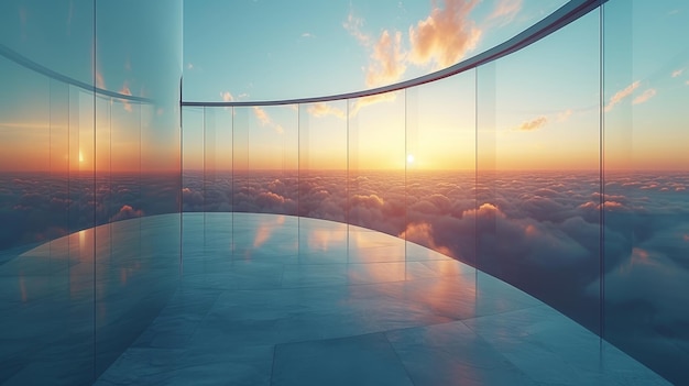 Reflectie van wolken in gebogen glazen kantoorgebouw 3D-weergave