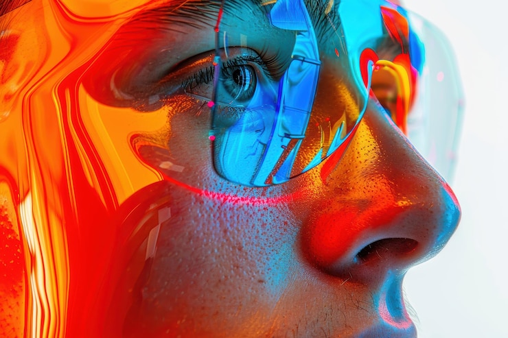 Foto reflecties die kleuren en vormen samenvoegen in een artistieke weergave van de menselijke identiteit