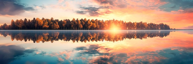 reflecties van bomen en de lucht in rustig water met de tinten van perzik fuzz het creëren van een serene en reflectieve scène