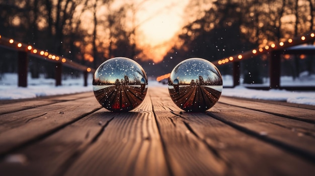 Foto reflecties van de omgeving in kerstballen op hout