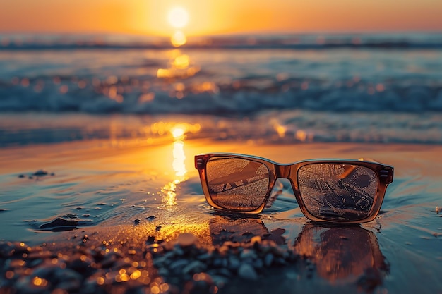 Reflecties van de zonsopgang in een zonnebril
