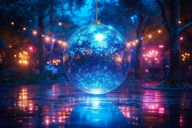 Reflectieve disco bal in een magische avondomgeving