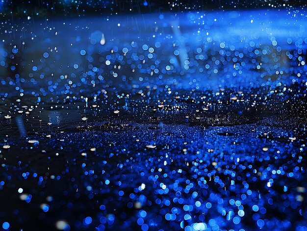 Reflectieve stralende regen met spiegelachtige druppels en blauwe R gloeiende Y2K Collage Neon achtergrond