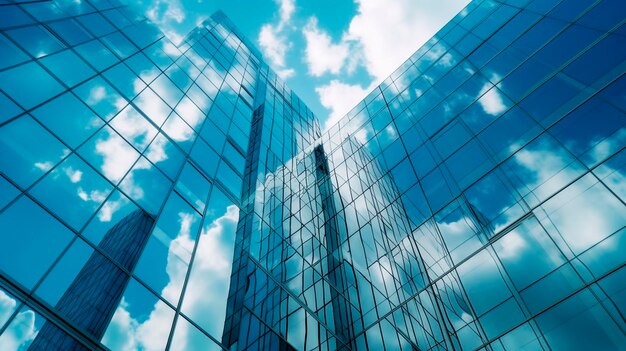 Reflectieve wolkenkrabbers zakelijke kantoorgebouwen Lage hoekfotografie van glazen gordijnmuren details van hoge gebouwen Het vensterglas reflecteert de blauwe hemel en witte wolken Generatieve AI