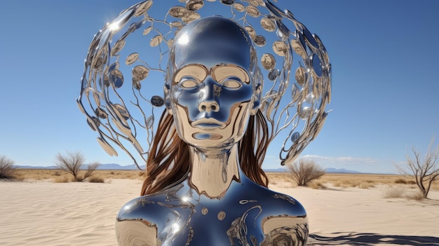 사막 에서 초현실적 인 금속 조각품 이 되는 것 을 반영 하는 것