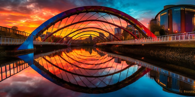 Reflecting bridge at sunset