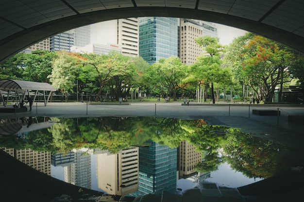 Reflection of arch on puddle in city