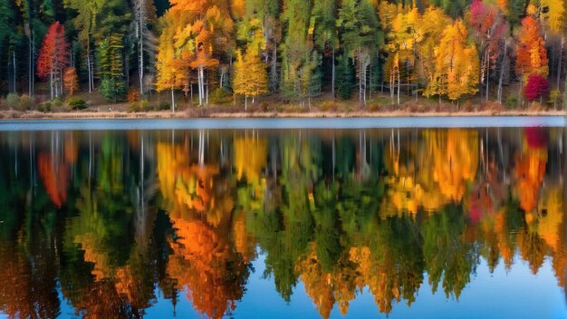 Reflection of autumn forest in calm lake waters