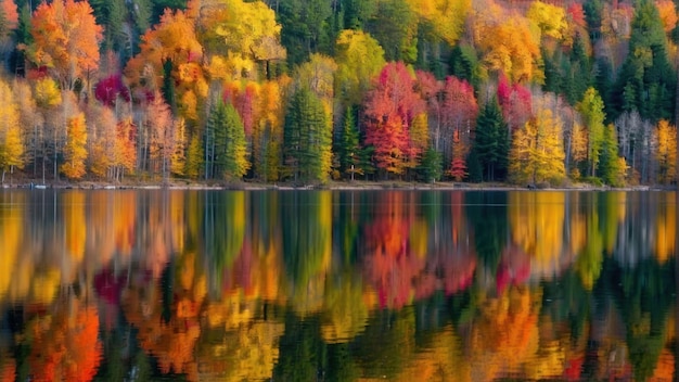 Reflection of autumn forest in calm lake waters