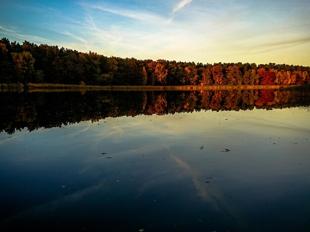 Photo reflection of autumn trees on calm river against sky