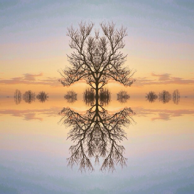 Photo reflection of bare tree in water