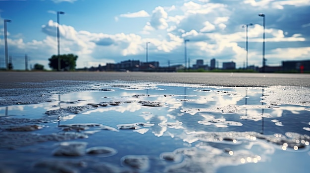 Reflection of blue sky and white clouds on water puddle surface on grey city road after rain silhouette concept