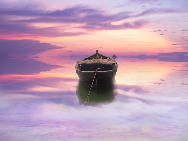 The reflection of the boat in the lake under the twilight