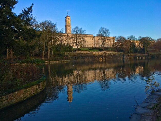 Reflection of building in lake against sky