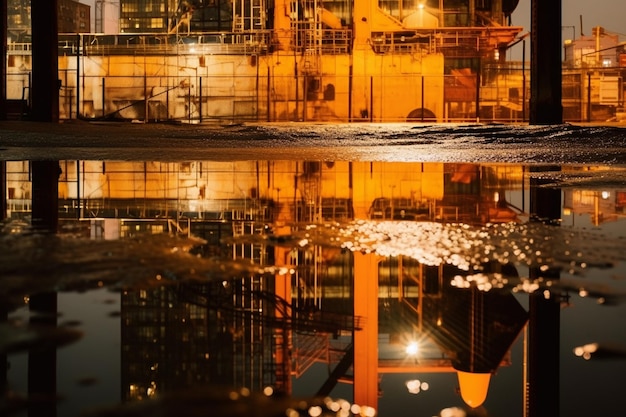 Photo reflection of building in puddle at night