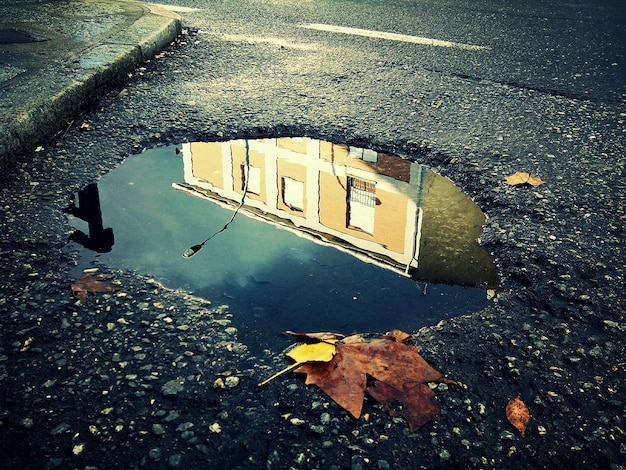 Reflection of building in puddle on street