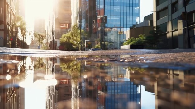 A reflection of a building in a puddle with the name the building on it.