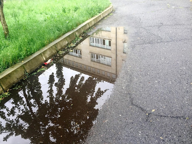 Photo reflection of building in puddle