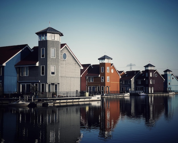 Photo reflection of buildings in lake against sky