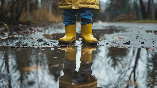 reflection of a child in a puddle documentary style serene atmosphere professional photography ar 16