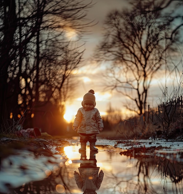отражение ребенка в луже в документальном стиле мягкое мечтательное изображение спокойная атмосфера