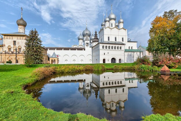 Reflection of church in pond in rostov kremlin