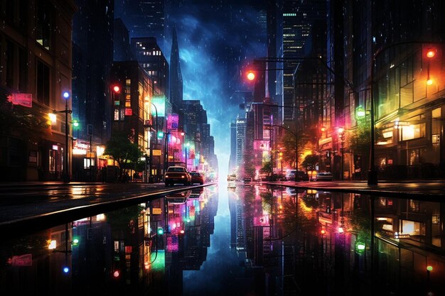 Reflection of city lights on a rainsoaked street