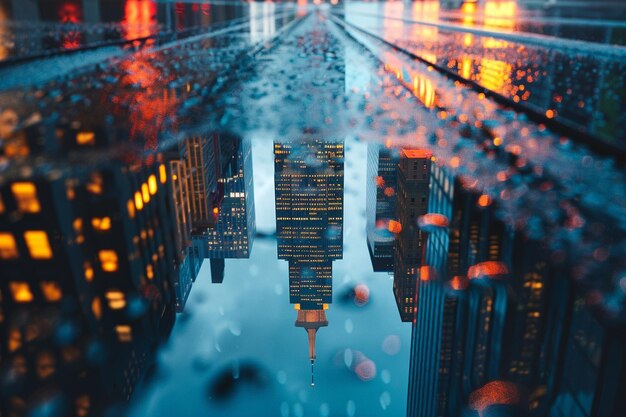 Reflection of a city skyline in a rainsoaked stree