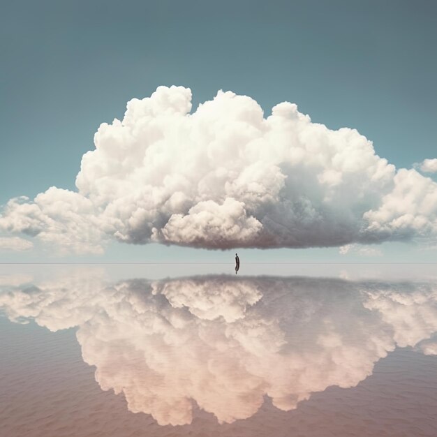 Photo a reflection of a cloud in the water and a man in a suit standing in front of it