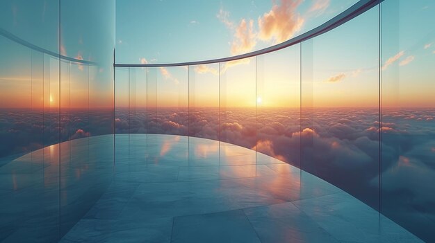 Reflection of clouds in curve glass office building 3D rendering