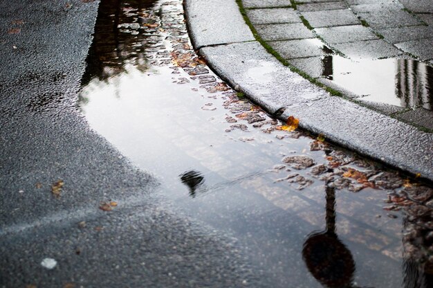 Photo reflection of clouds in puddle