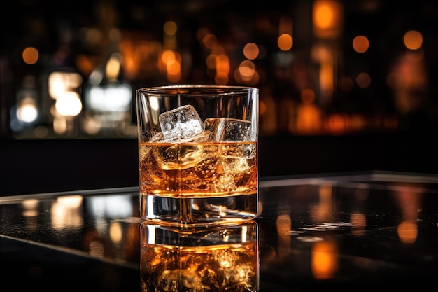 A reflection of a cocktail in a vintage glass on a bar counter surrounded by ice cubes bitters fille