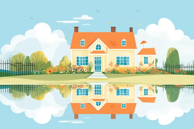 The reflection of a colonial revival home on a calm pond nearby magazine style illustration