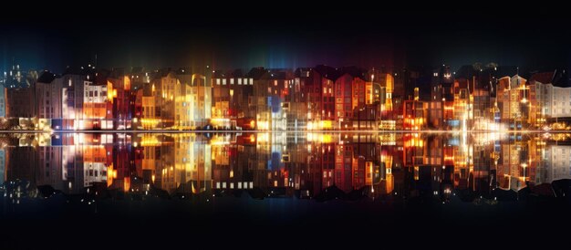 Foto riflessione delle luci colorate della città di notte nell'acqua del fiume ai margini della città