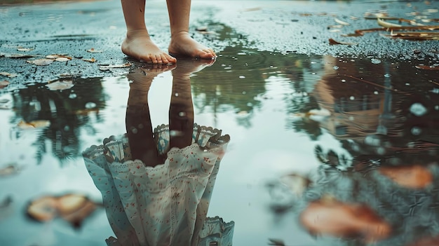 Photo reflection of a cute little girl feet in a city puddle documentary style soft colors depiction seren