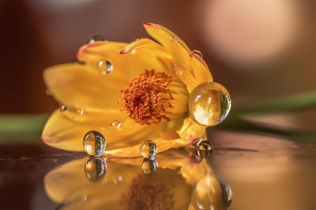 Отражение цветка в капле росы