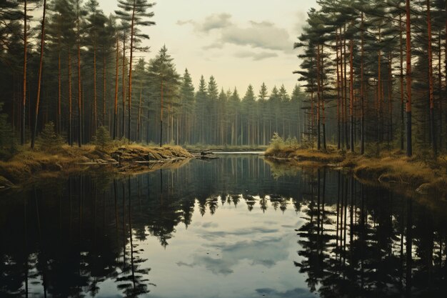 Foto il riflesso di una foresta in uno stagno tranquillo