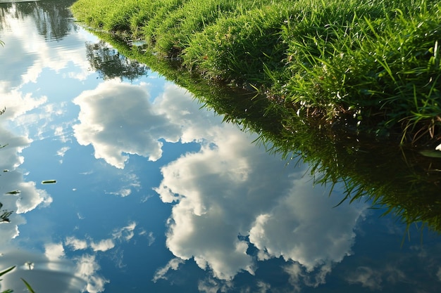 反射庭の風景芝生の抽象的な背景青い空と白い雲