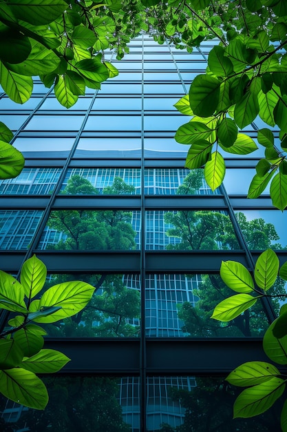Reflection of green trees in the windows of a modern office building Ecofriendly Concept