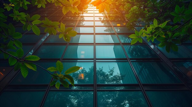 Reflection of green trees in the windows of a modern office building Ecofriendly Concept