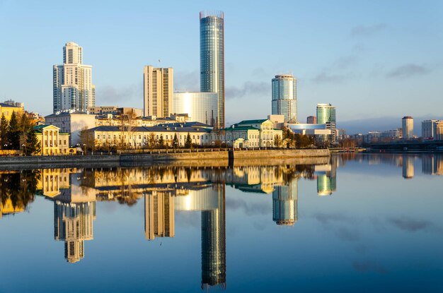 Reflection of highrise buildings in the lake water