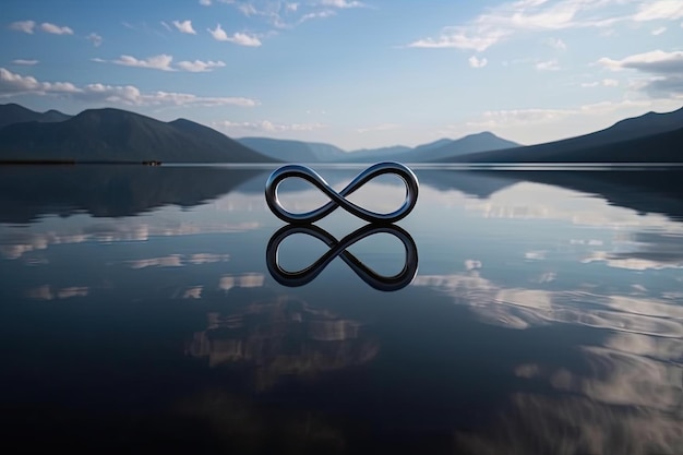 Reflection of infinity sign on calm lake created with generative ai