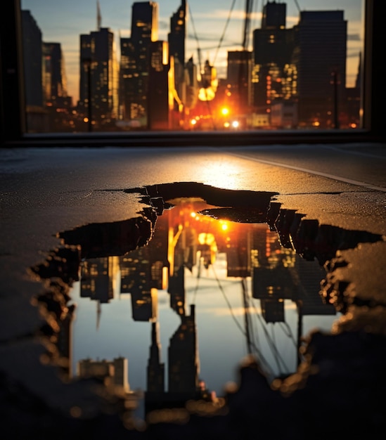 A reflection is in the concrete of the skyline