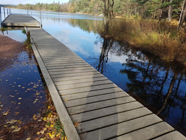 Reflection of jetty on lake