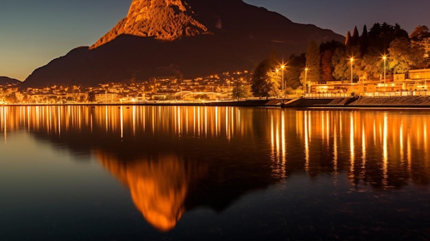 reflection of the lights and the mountain